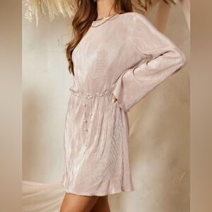 NWT Endless Blu Pleated Light Pink Long Sleeve Dress with Pearl Waist Chain